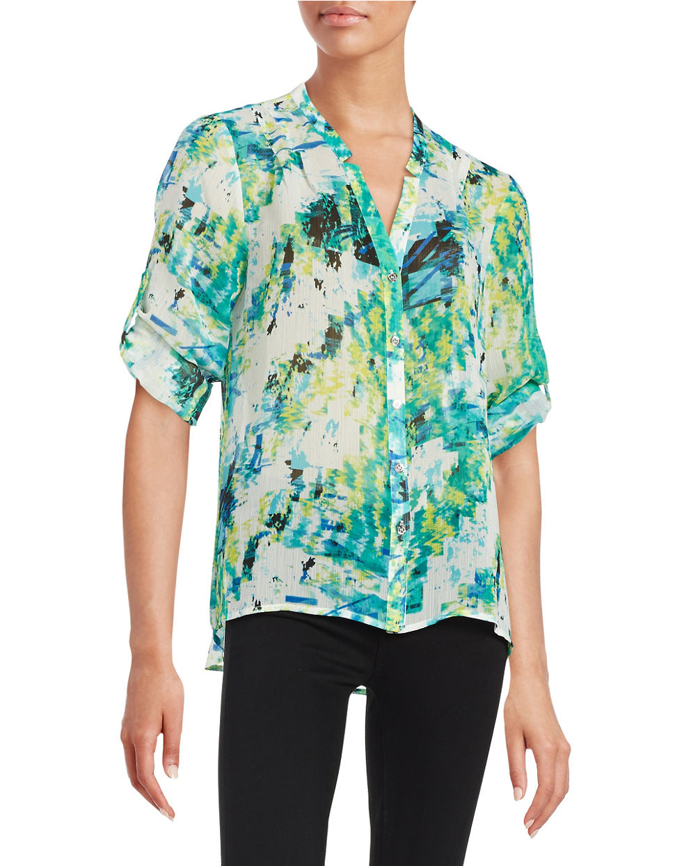 polyester v neck decorative button abstract print short sleeve blouses